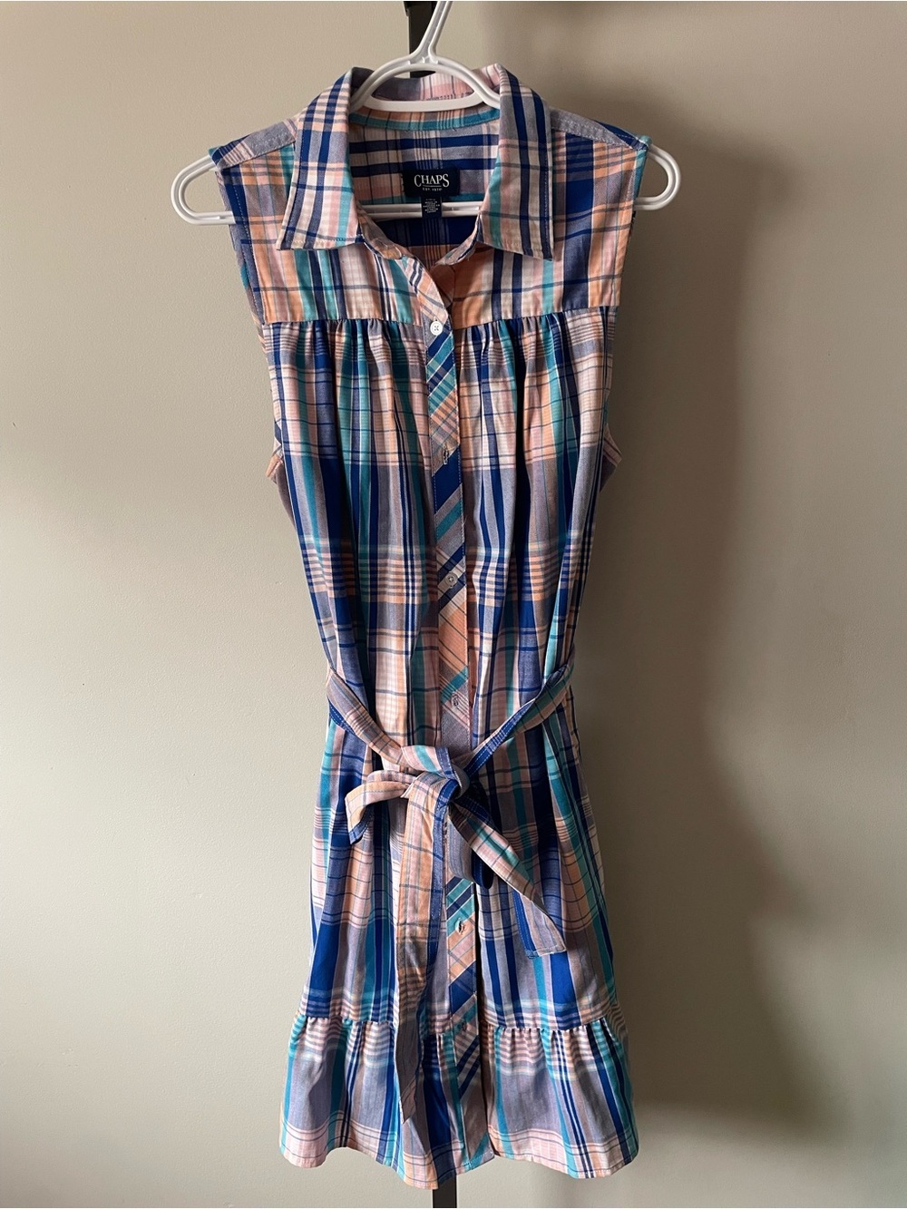 NEW Chaps Plaid Sleeveless Shirt Dress Belted Ruffle Hem Preppy Country Large